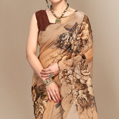 Brown Partywear Sequins & Printed Organza Saree