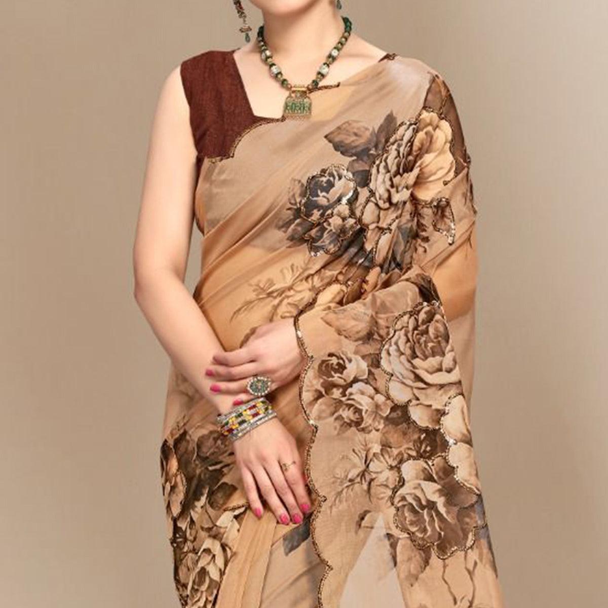 Brown Partywear Sequins & Printed Organza Saree