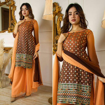 Brown Partywear Sequins Embroidered Georgette Palazzo Suit With Dupatta
