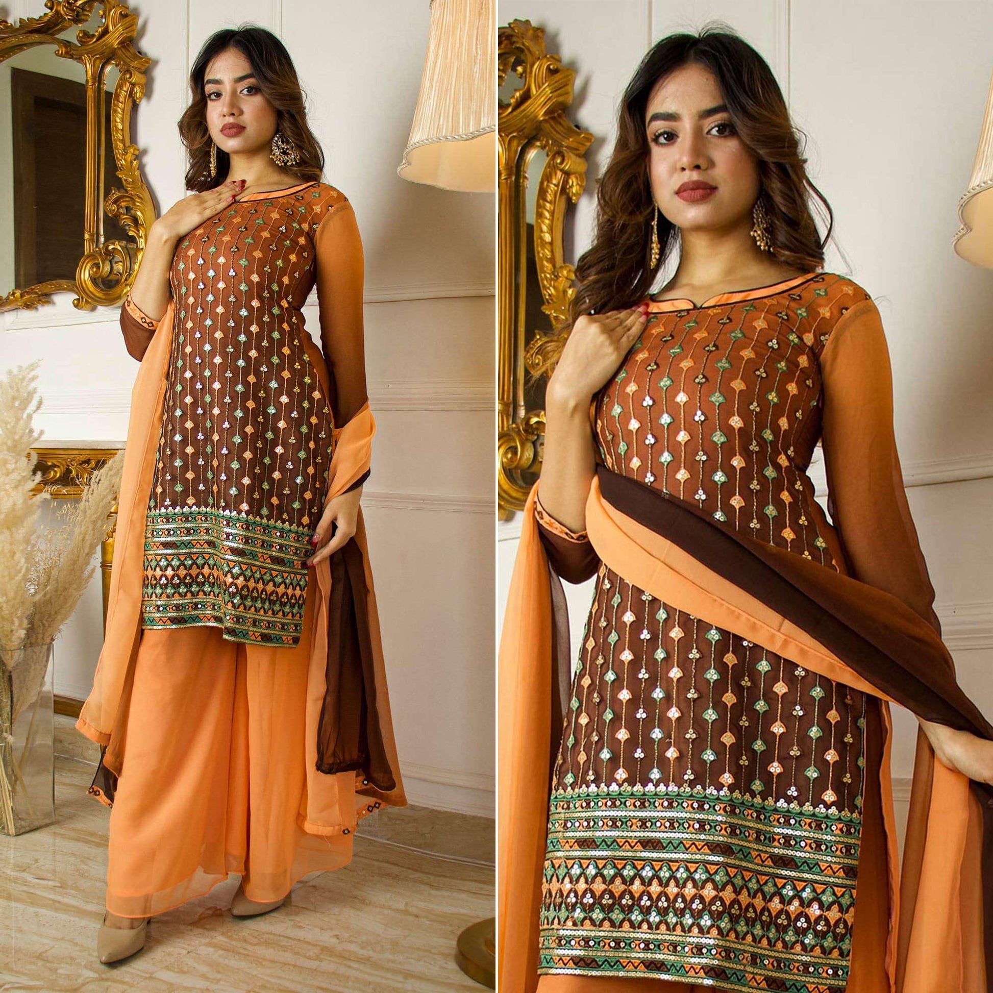 Brown Partywear Sequins Embroidered Georgette Palazzo Suit With Dupatta