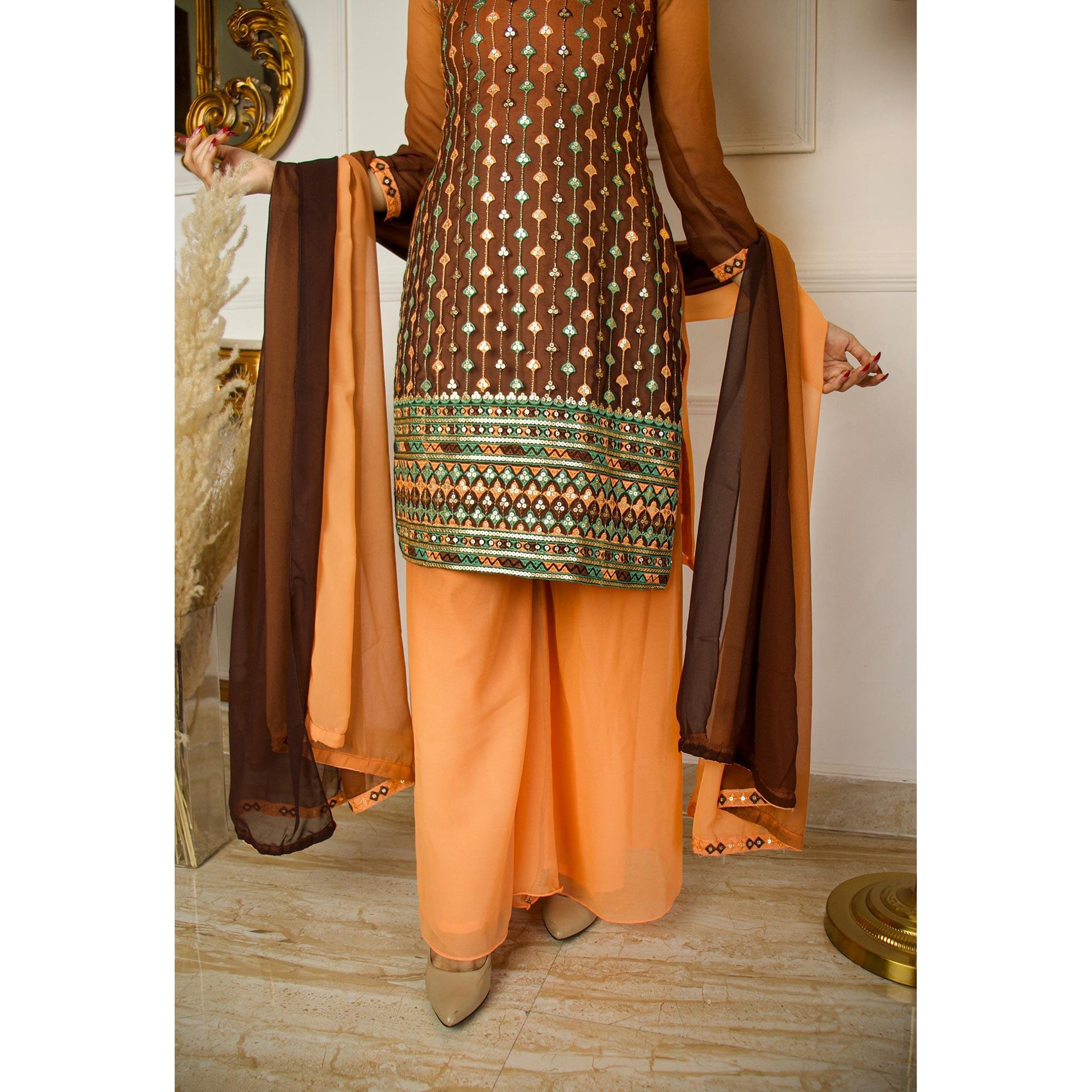 Brown Partywear Sequins Embroidered Georgette Palazzo Suit With Dupatta