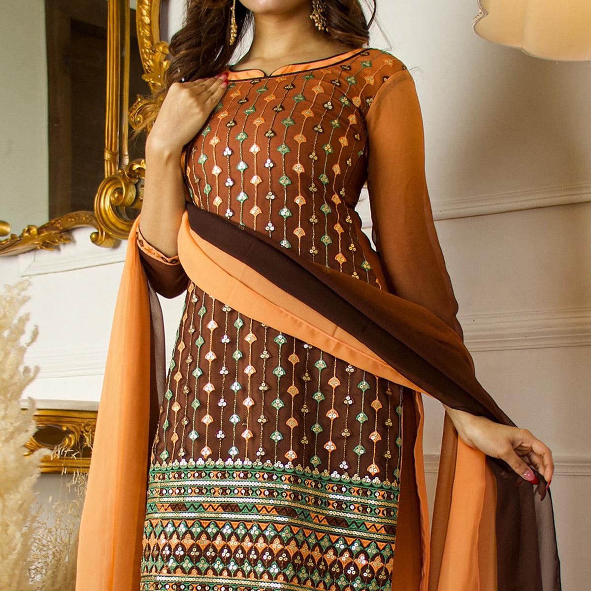 Brown Partywear Sequins Embroidered Georgette Palazzo Suit With Dupatta