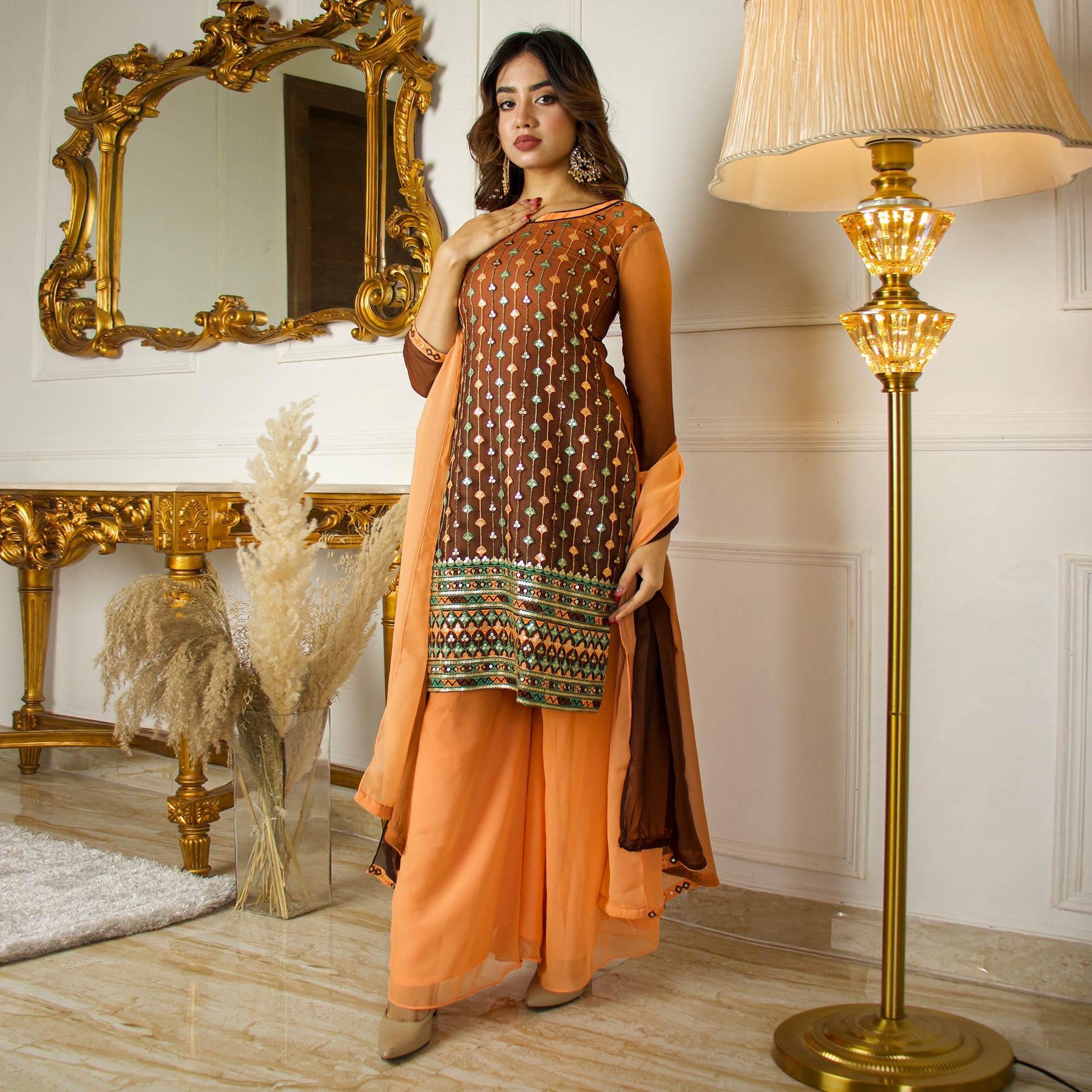 Brown Partywear Sequins Embroidered Georgette Palazzo Suit With Dupatta