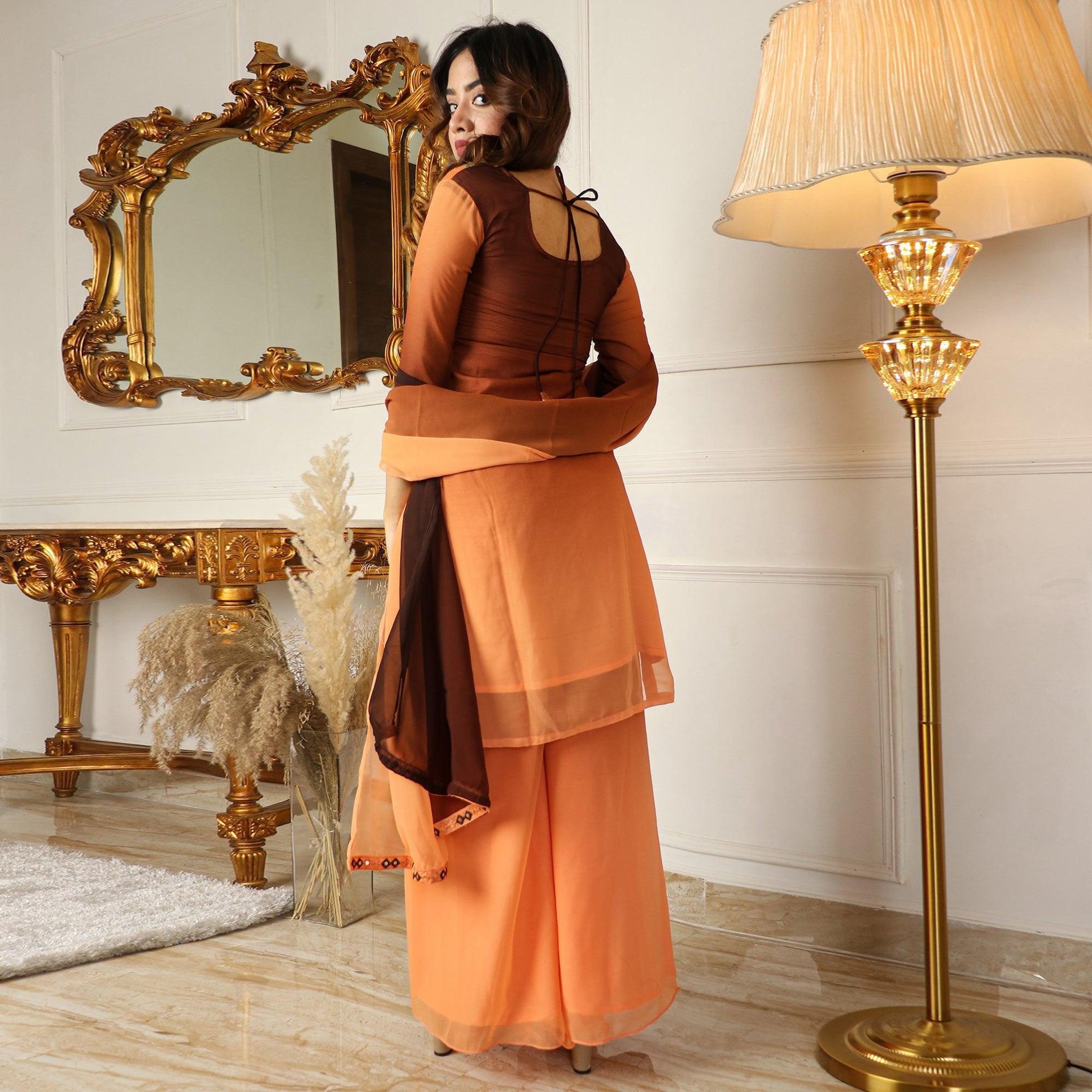 Brown Partywear Sequins Embroidered Georgette Palazzo Suit With Dupatta