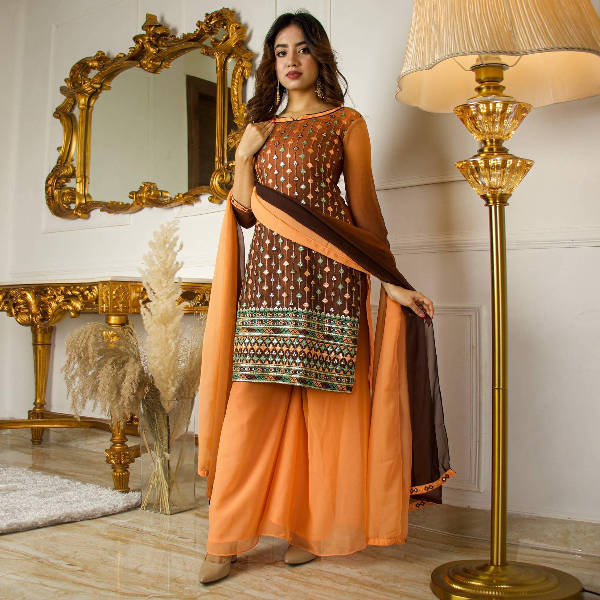 Brown Partywear Sequins Embroidered Georgette Palazzo Suit With Dupatta