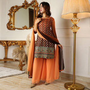 Brown Partywear Sequins Embroidered Georgette Palazzo Suit With Dupatta