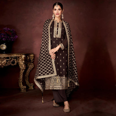 Brown Partywear Sequins Embroidered Heavy Faux Georgette Palazzo Suit