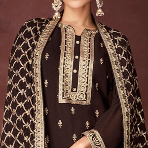 Brown Partywear Sequins Embroidered Heavy Faux Georgette Palazzo Suit