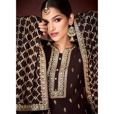 Brown Partywear Sequins Embroidered Heavy Faux Georgette Palazzo Suit