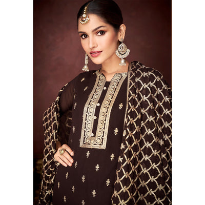 Brown Partywear Sequins Embroidered Heavy Faux Georgette Palazzo Suit