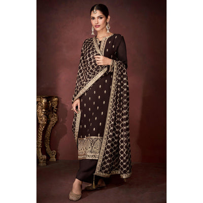 Brown Partywear Sequins Embroidered Heavy Faux Georgette Palazzo Suit