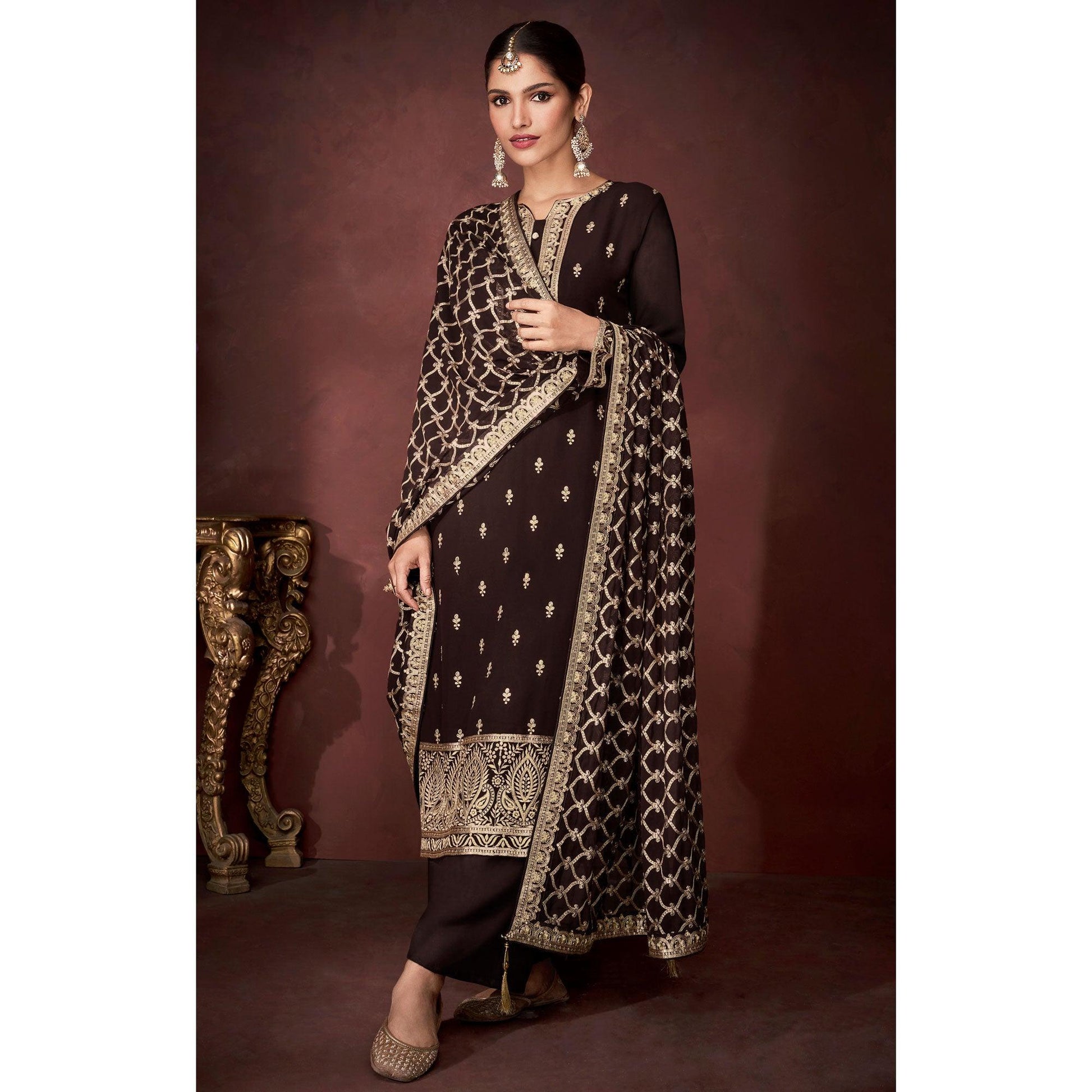 Brown Partywear Sequins Embroidered Heavy Faux Georgette Palazzo Suit
