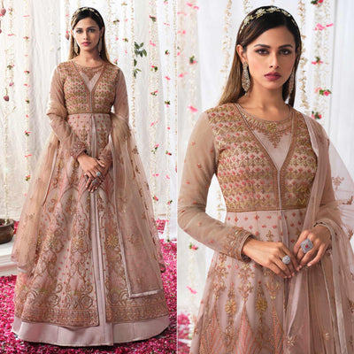 Brown Partywear Sequins Embroidered Net Gown
