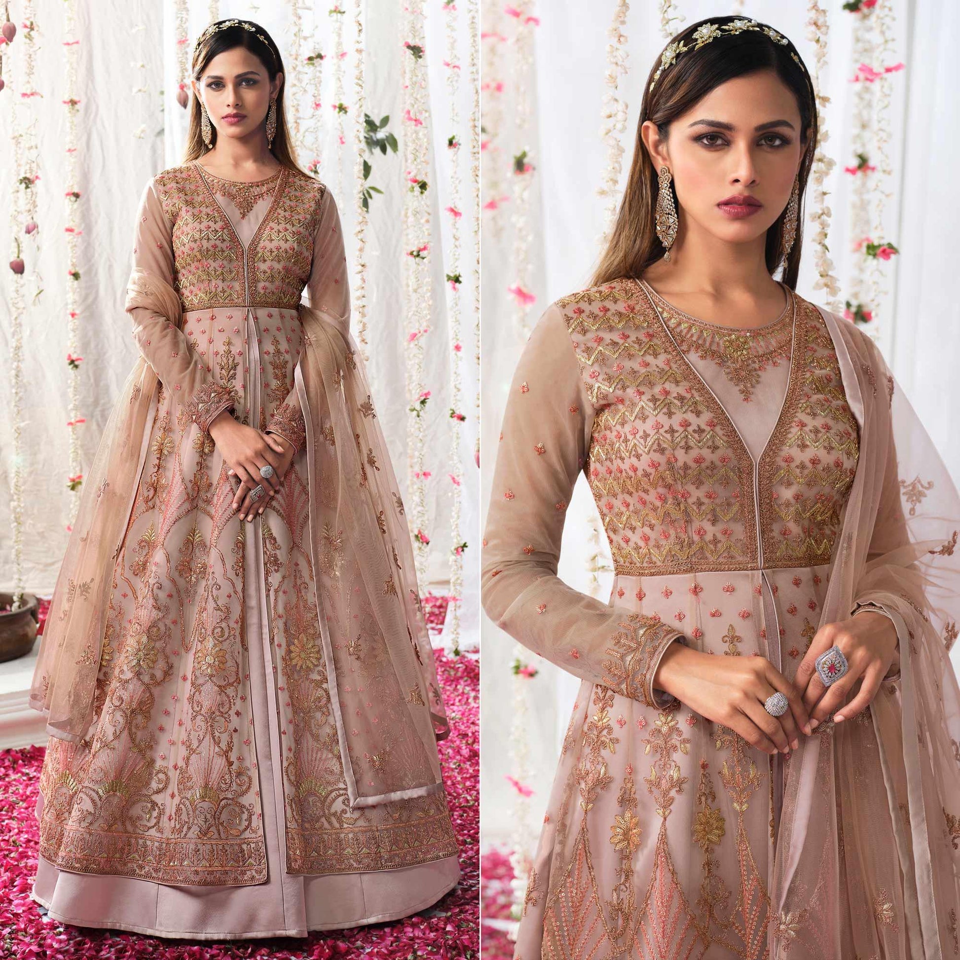Brown Partywear Sequins Embroidered Net Gown
