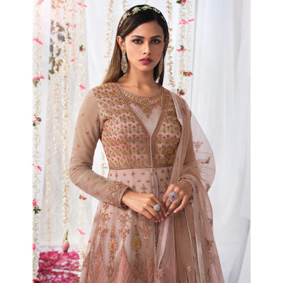 Brown Partywear Sequins Embroidered Net Gown