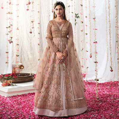 Brown Partywear Sequins Embroidered Net Gown