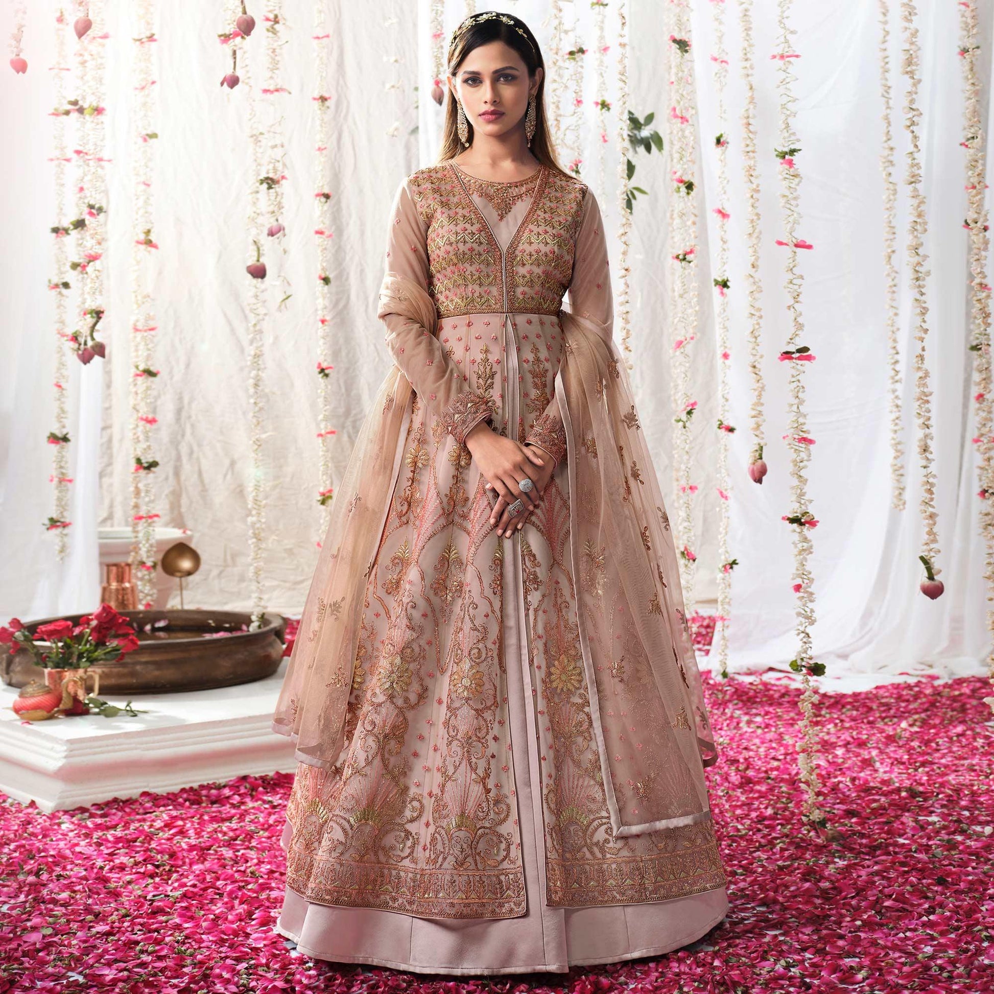 Brown Partywear Sequins Embroidered Net Gown