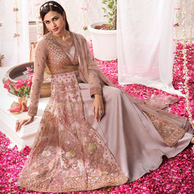 Brown Partywear Sequins Embroidered Net Gown