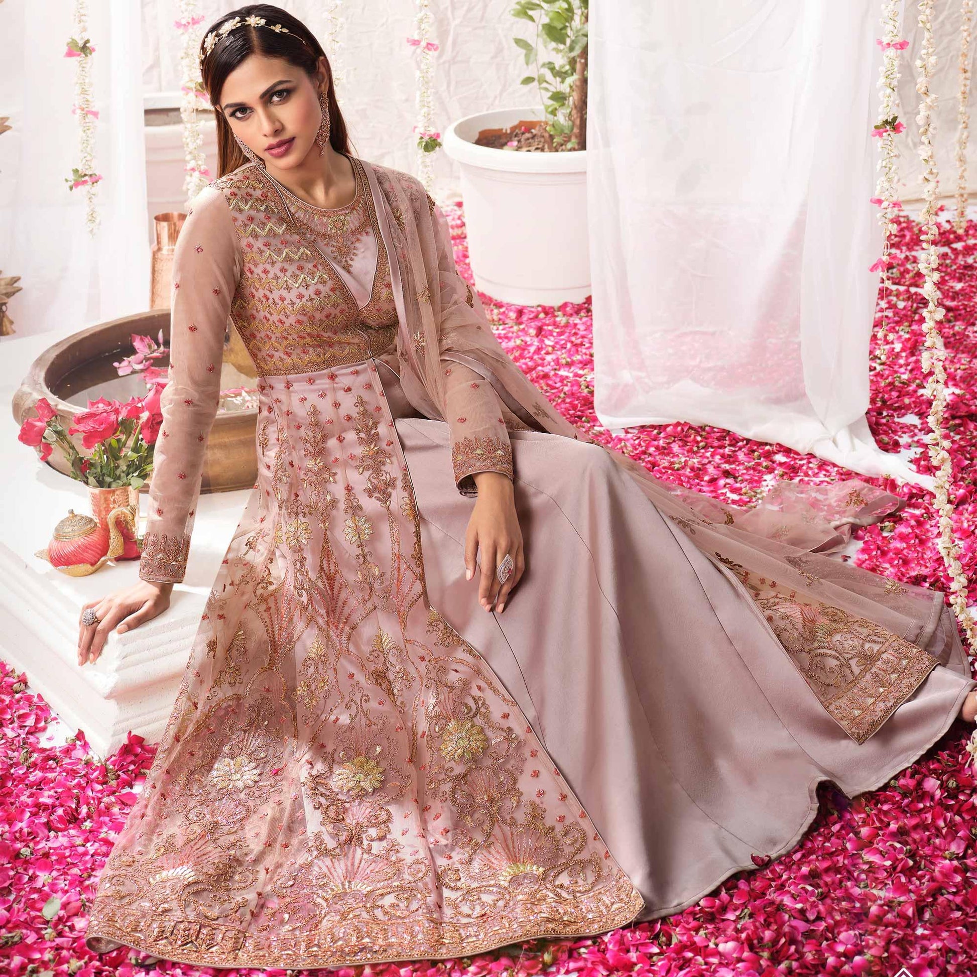 Brown Partywear Sequins Embroidered Net Gown