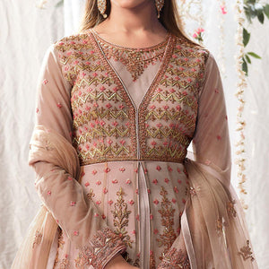 Brown Partywear Sequins Embroidered Net Gown