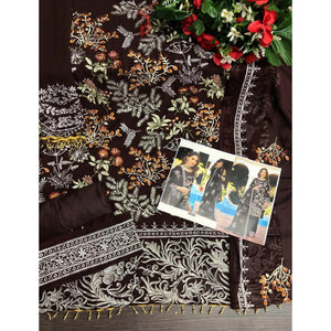 Brown Partywear Women's Floral Embroidered Georgette Semi-Stitched Pakistani Suit