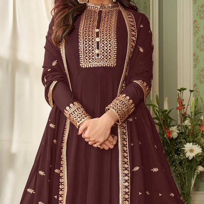 Brown Partywear Woven Georgette Anarkali Suit