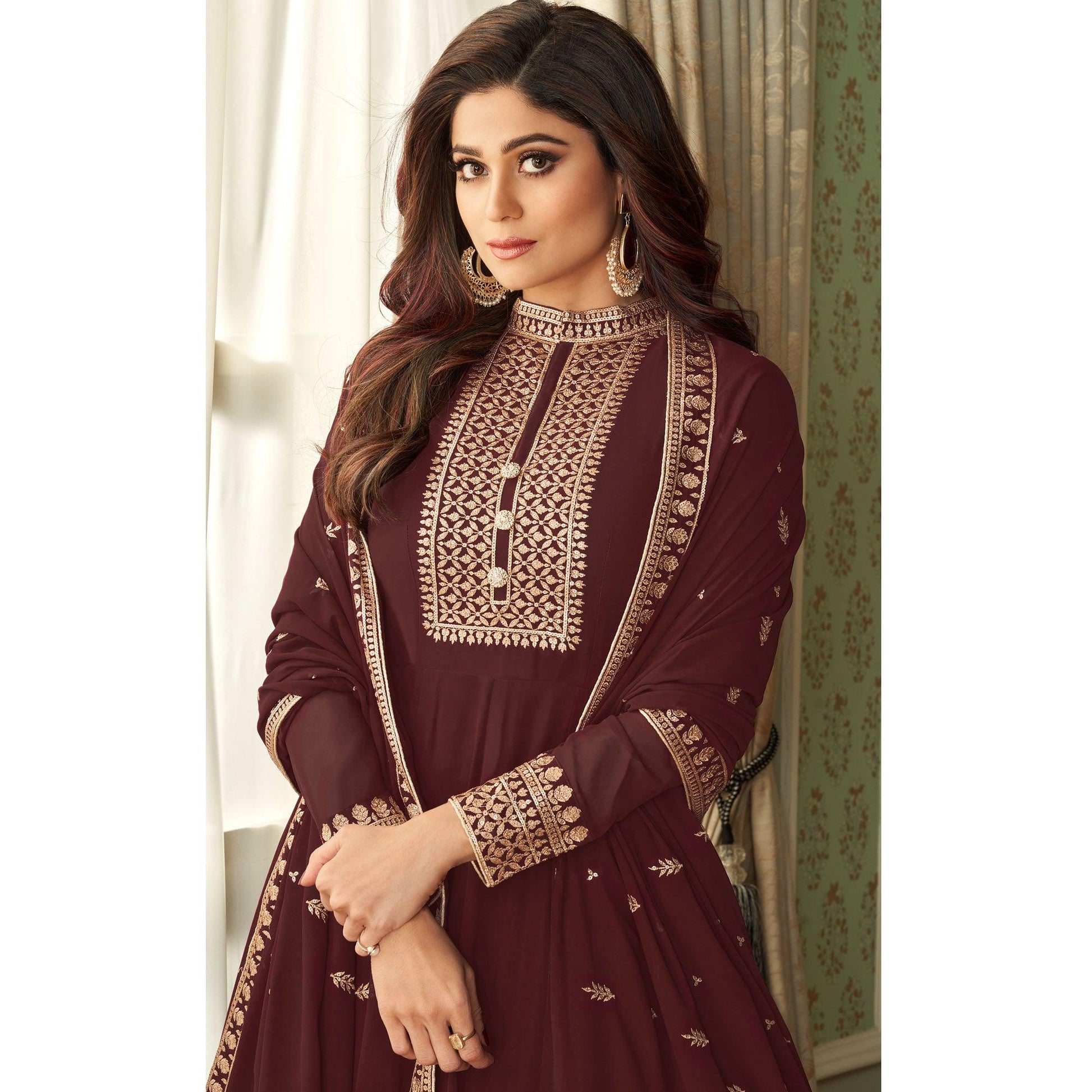 Brown Partywear Woven Georgette Anarkali Suit