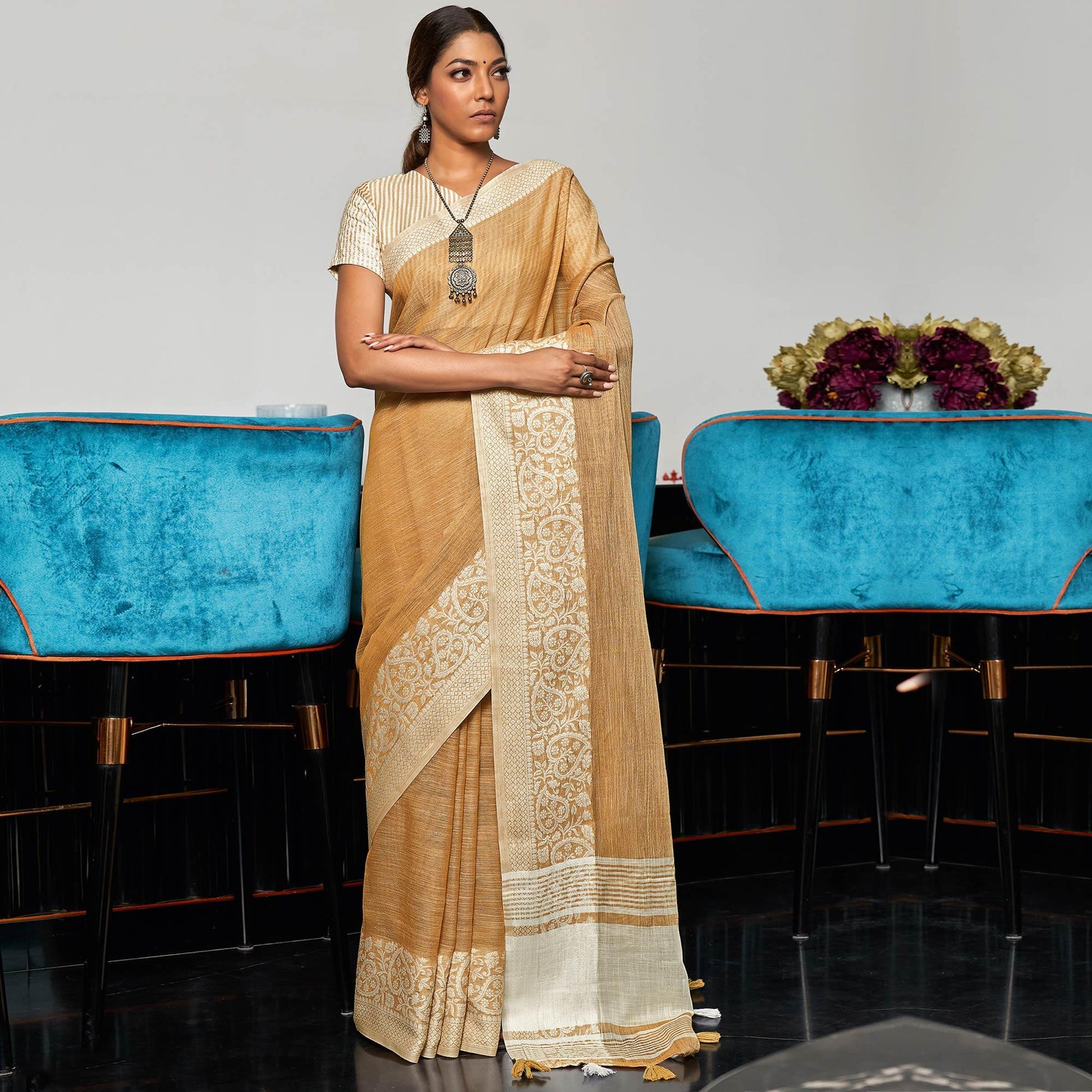 Brown Partywear Woven Linen Saree