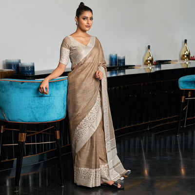 Brown Partywear Woven Linen Saree