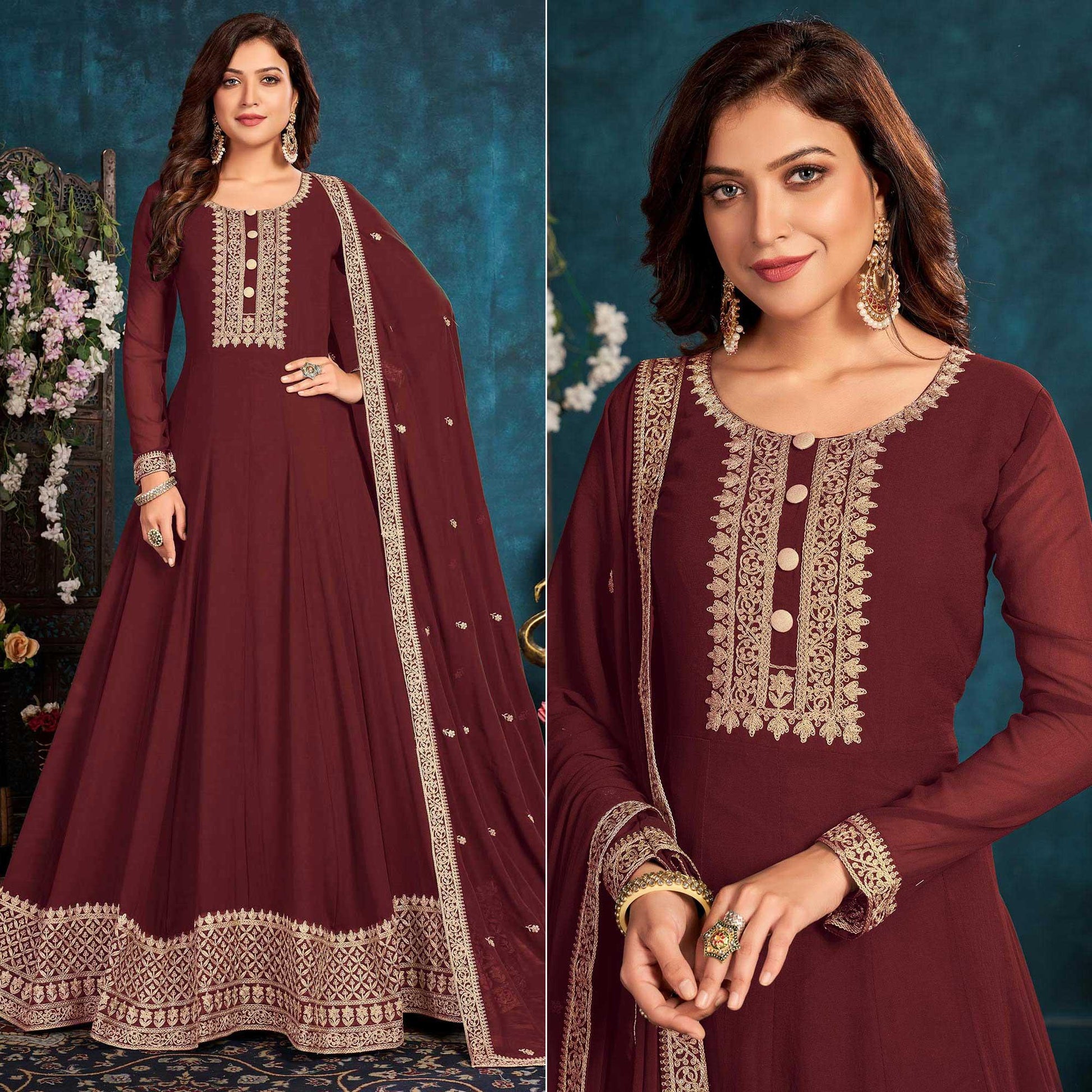 Brown Partywear Zari Embroidered Faux Georgette Anarkali Suit