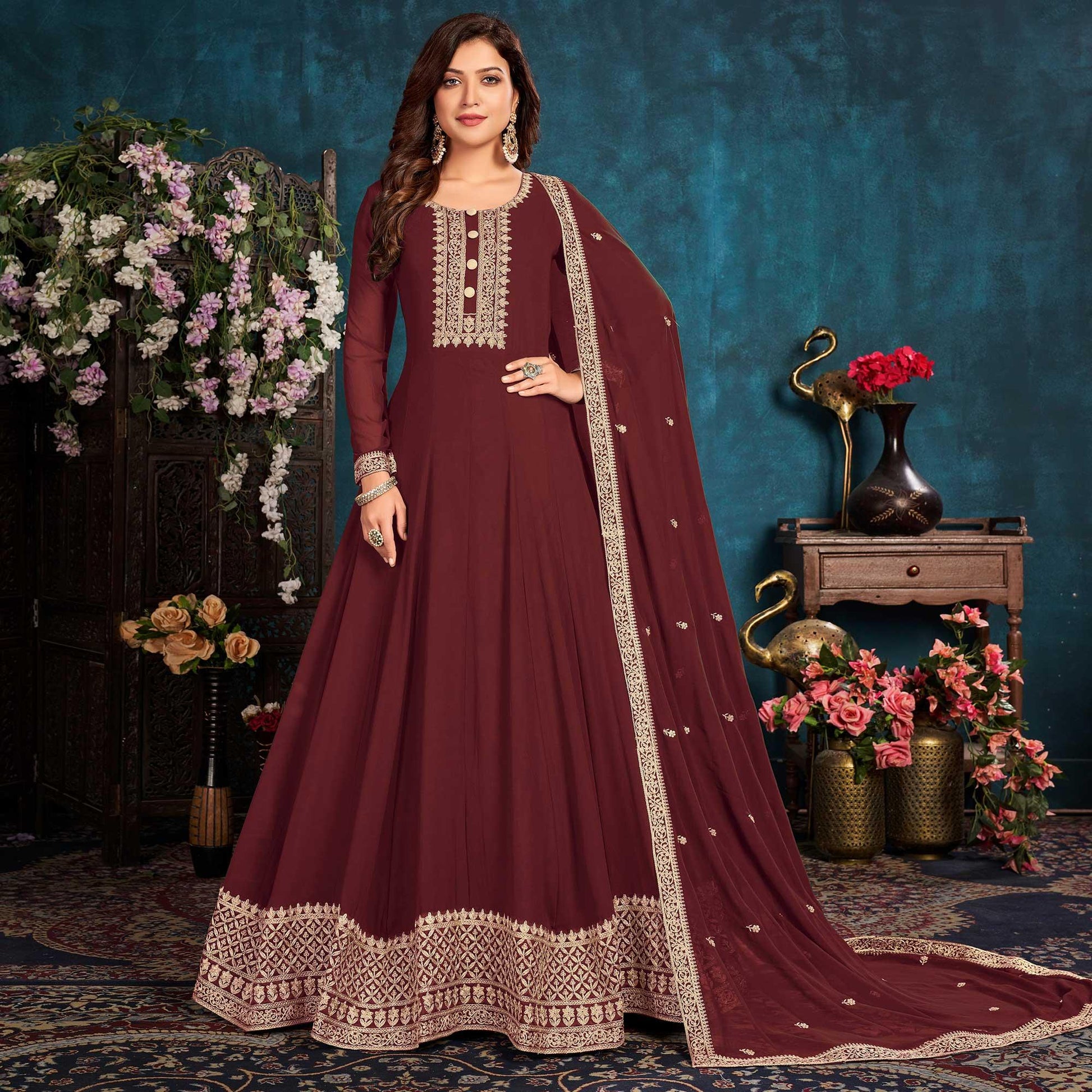 Brown Partywear Zari Embroidered Faux Georgette Anarkali Suit