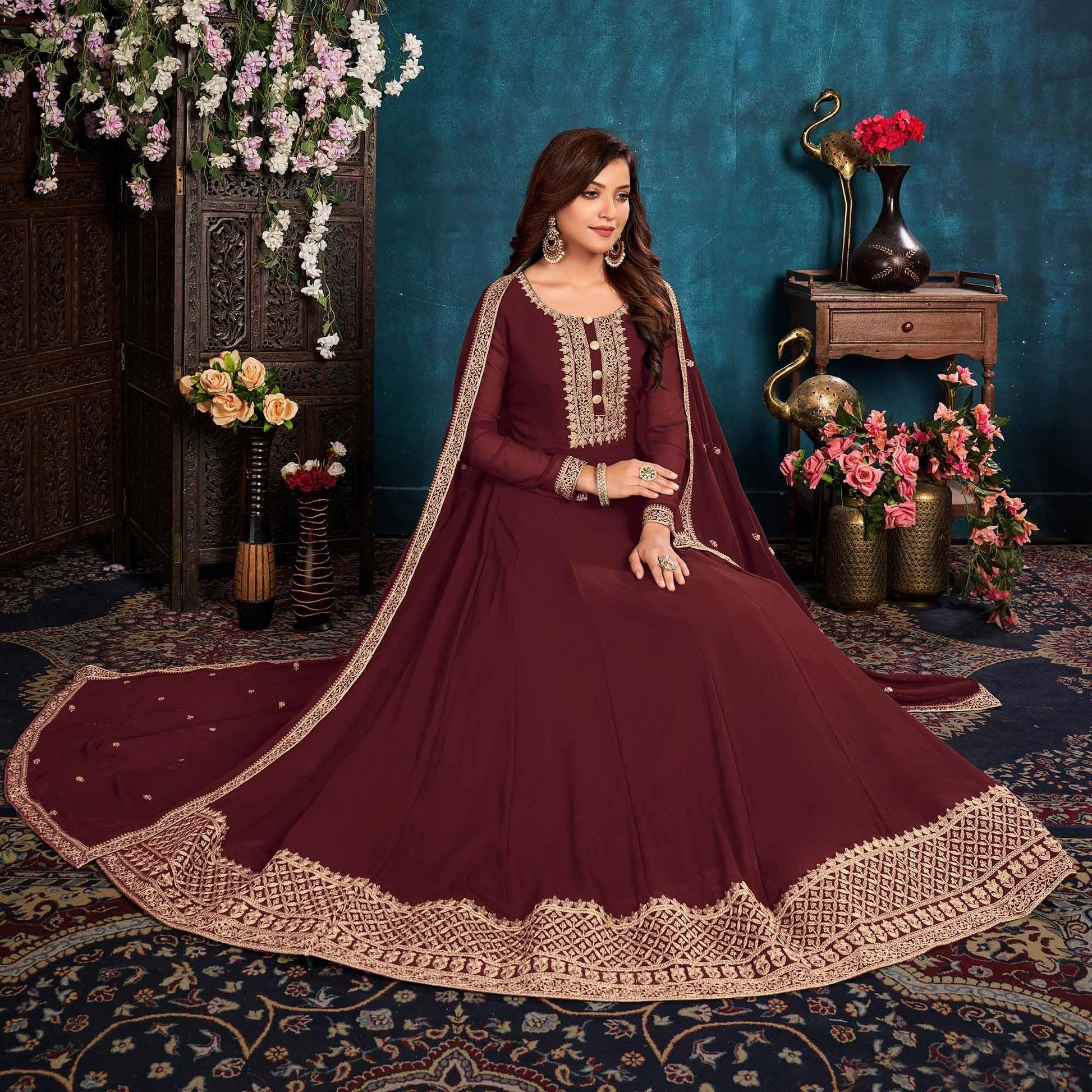 Brown Partywear Zari Embroidered Faux Georgette Anarkali Suit