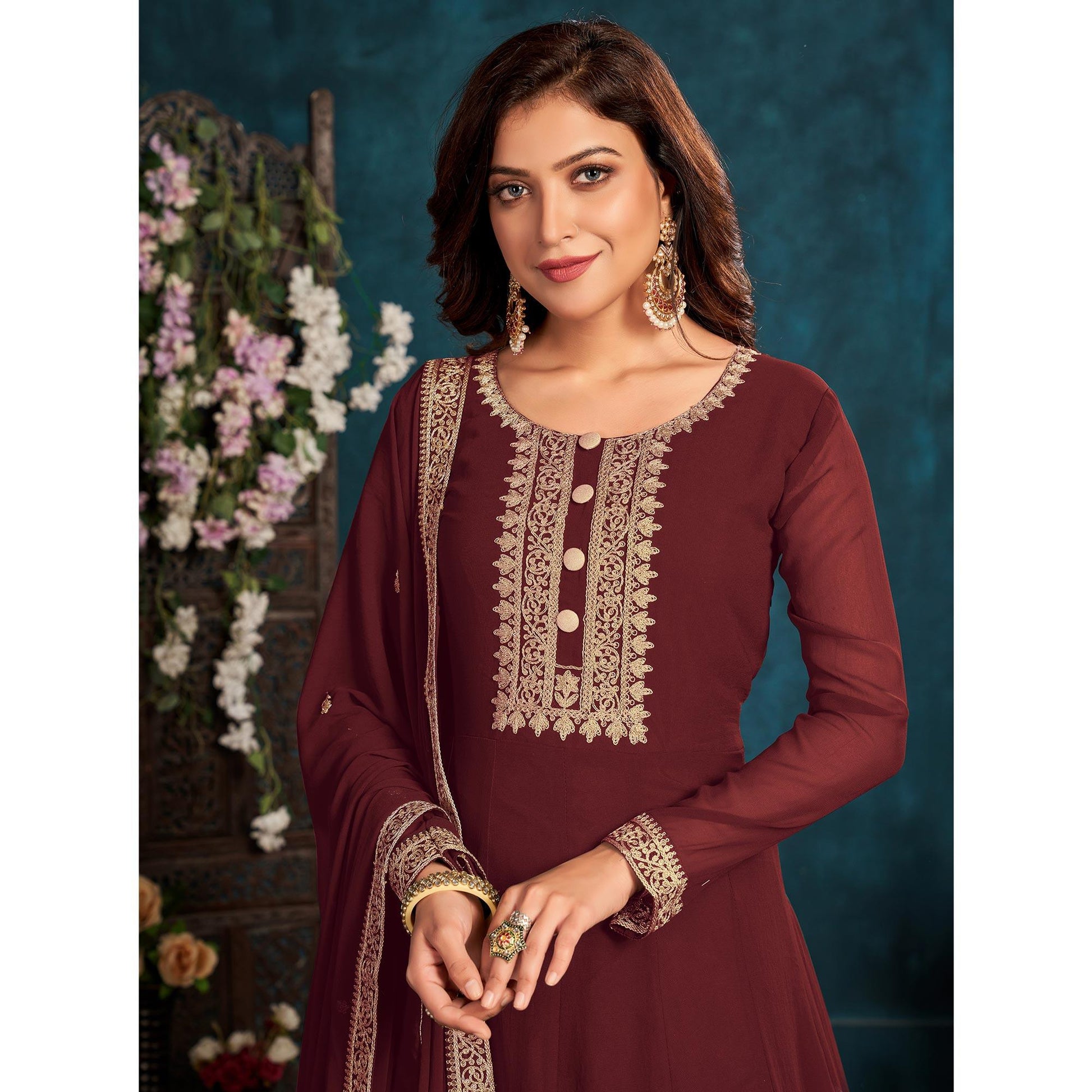 Brown Partywear Zari Embroidered Faux Georgette Anarkali Suit