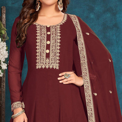 Brown Partywear Zari Embroidered Faux Georgette Anarkali Suit