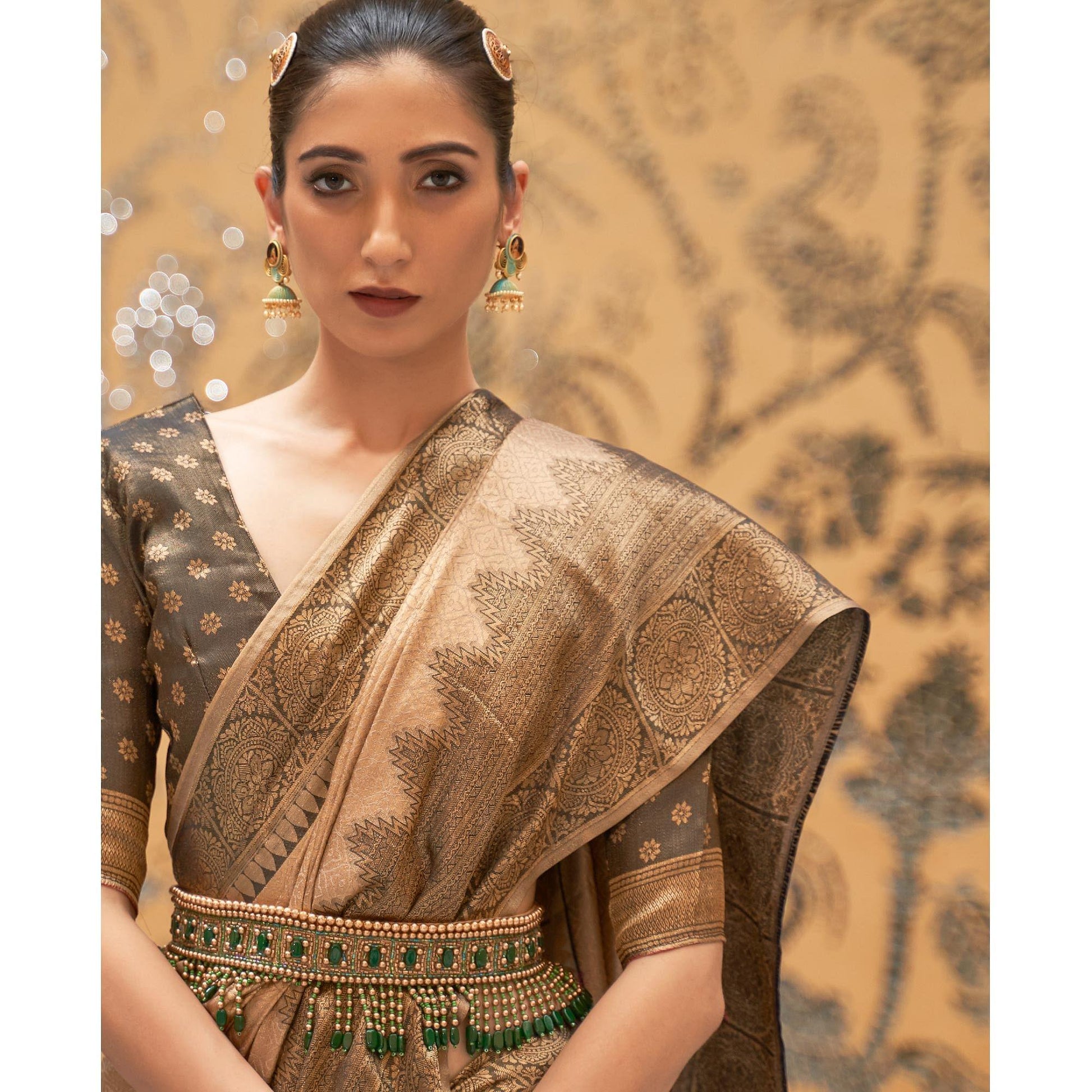 Brown Partywear Zari Woven Pure Silk Saree