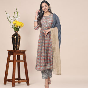 Brown Patywear Floral Embroidered With Print Cotton Anarkali Suit