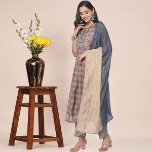 Brown Patywear Floral Embroidered With Print Cotton Anarkali Suit