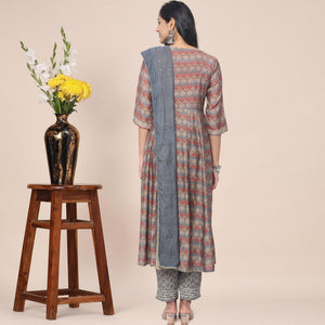 Brown Patywear Floral Embroidered With Print Cotton Anarkali Suit