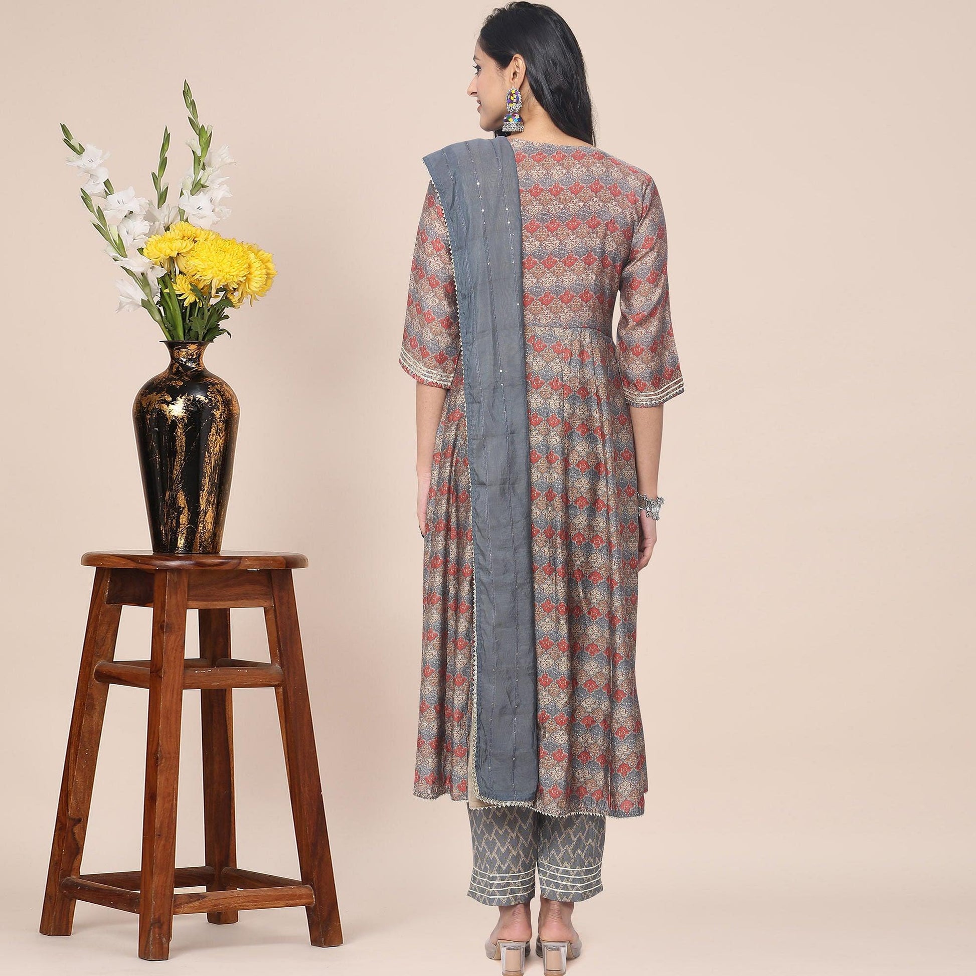 Brown Patywear Floral Embroidered With Print Cotton Anarkali Suit