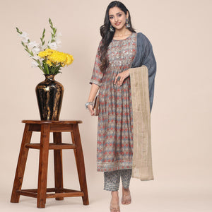 Brown Patywear Floral Embroidered With Print Cotton Anarkali Suit