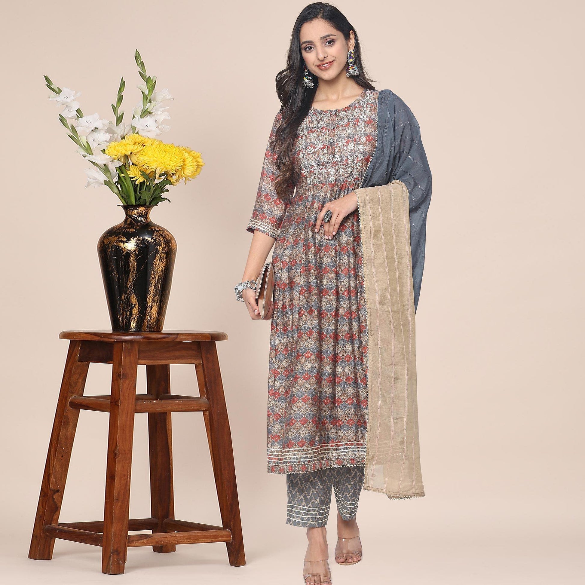 Brown Patywear Floral Embroidered With Print Cotton Anarkali Suit