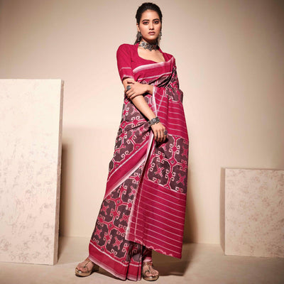 Brown-Pink Casual Wear Ikkat Printed Mul Mul Cotton Saree