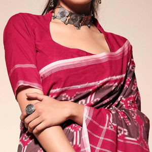 Brown-Pink Casual Wear Ikkat Printed Mul Mul Cotton Saree