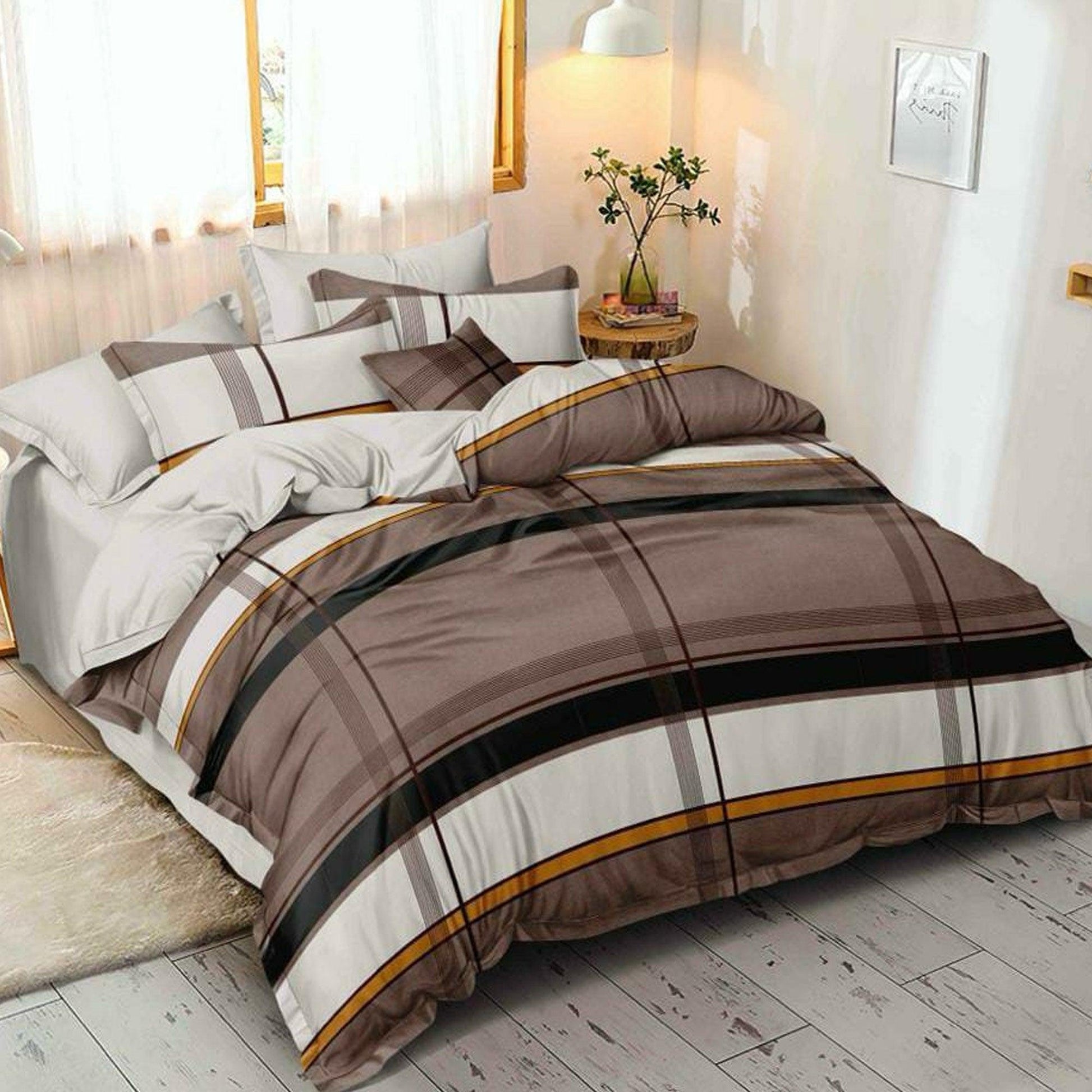 Brown Cotton Blend Double Bedsheet with Pillow Cover