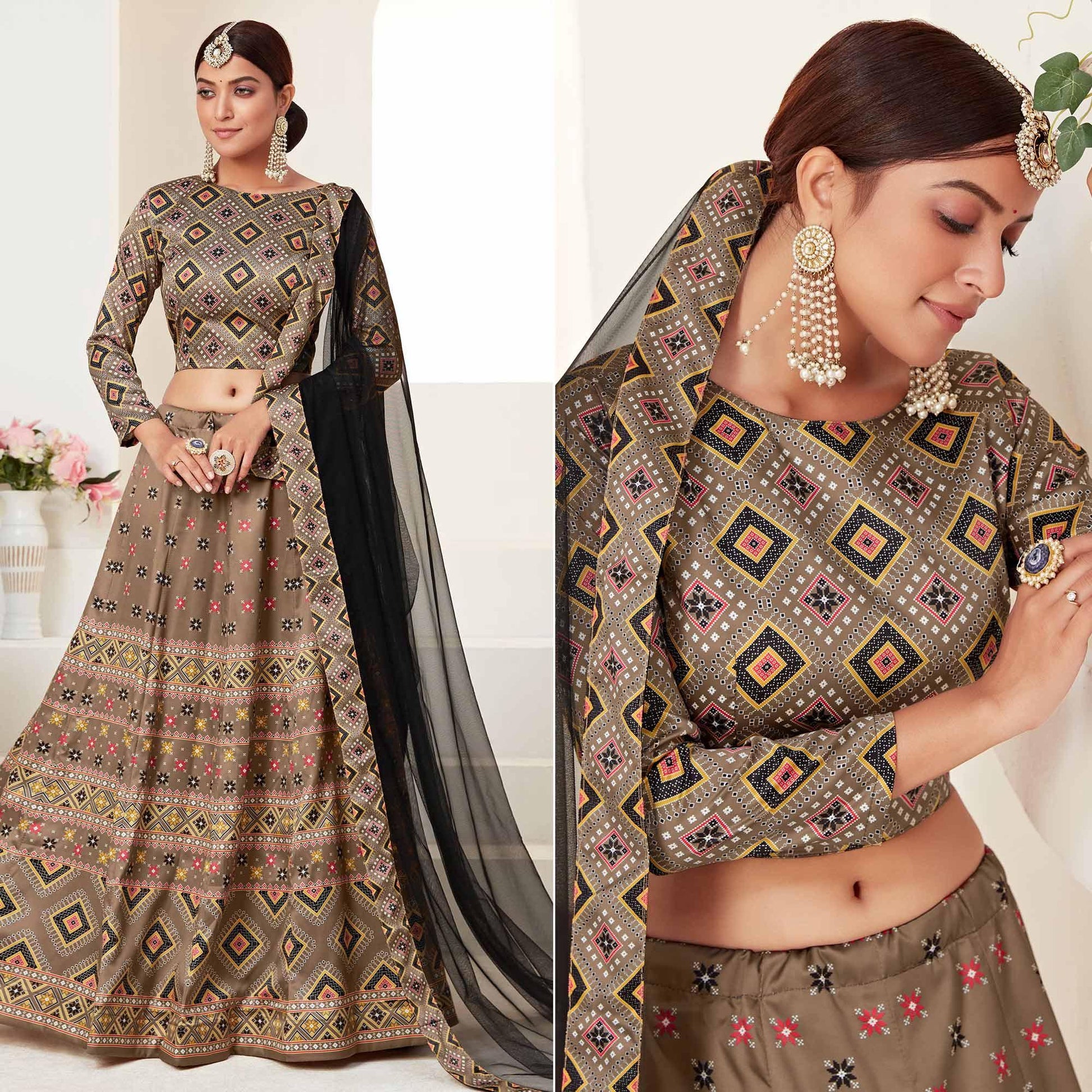 Brown Printed Art Silk Lehenga Choli
