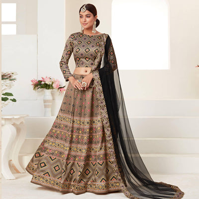 Brown Printed Art Silk Lehenga Choli