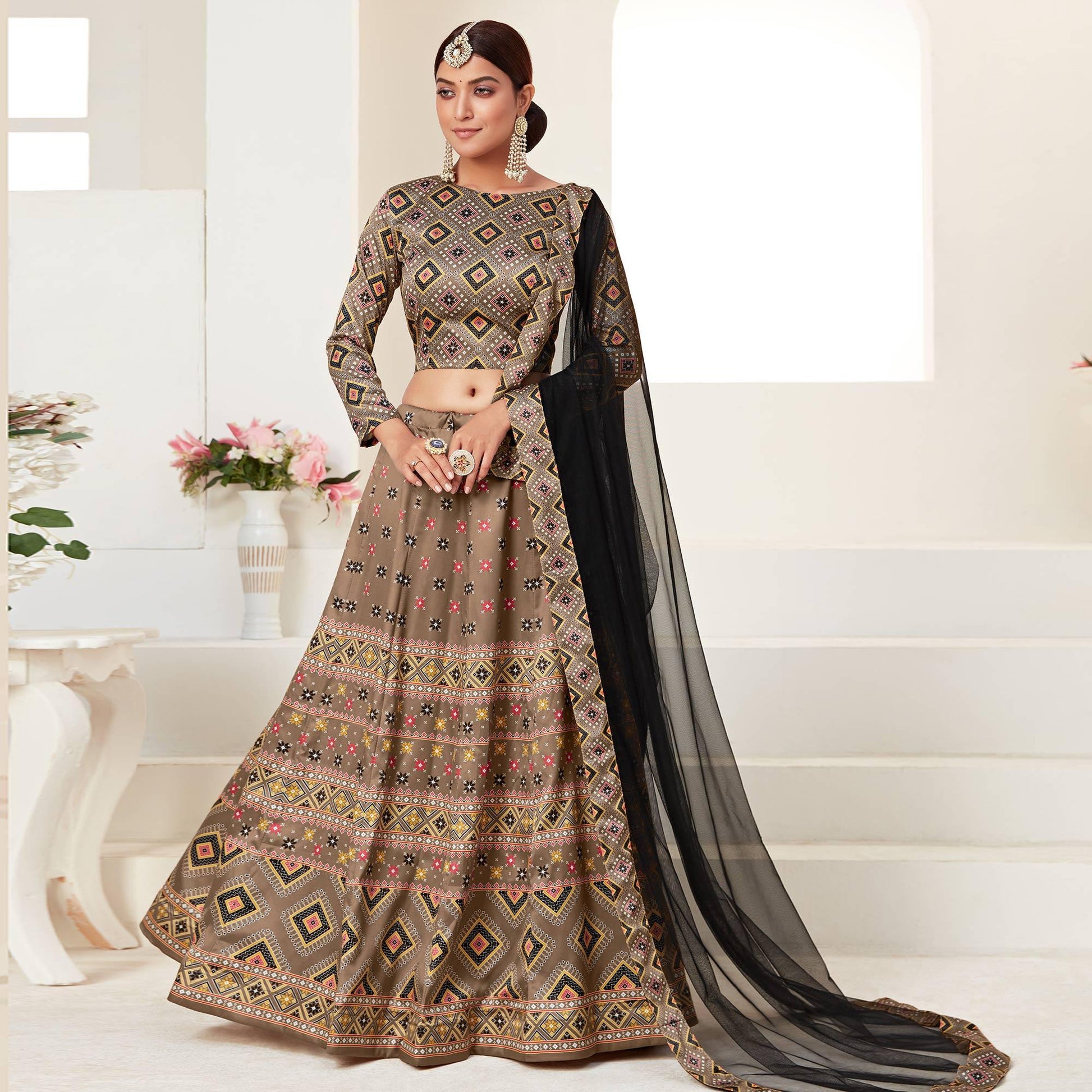 Brown Printed Art Silk Lehenga Choli