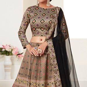 Brown Printed Art Silk Lehenga Choli