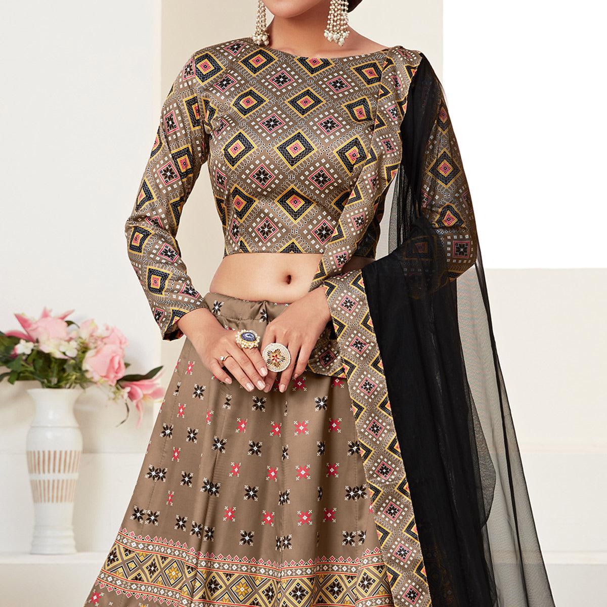 Brown Printed Art Silk Lehenga Choli