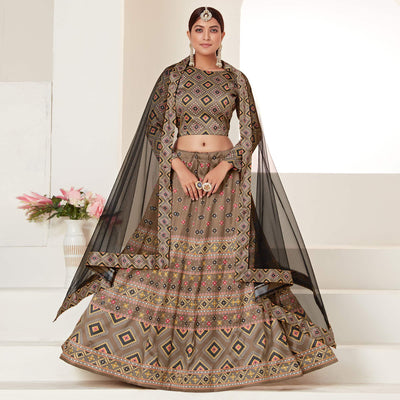 Brown Printed Art Silk Lehenga Choli